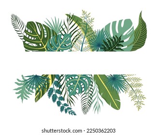 Green exotic tropical leaves flat decorative elements composition on white background isolated vector illustration