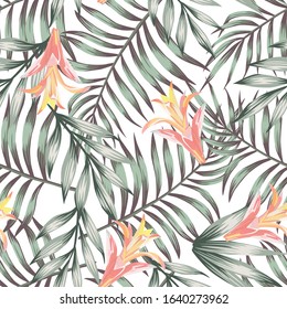 Green exotic tropical palm leaves with orange beautiful flowers seamless vector pattern on white background