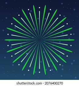Green exploding firework isolated on night sky background. Festive firework salute burst. Template design for holiday, christmas, new year, anniversary. Firecracker background. Vector illustration