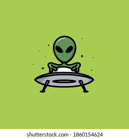 Green extraterrestrial creature called alien controlling UFO icon and logo vector