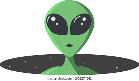 Green extraterrestrial looks out of a black space hole with a star. The alien's large eyes are sparkling and friendly. Monster in flat cartoon style for t-shirt, print or textile.Vector illustration.