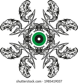 Green eye concept created by eagle heads. An abstract eye symbol with flaming eagle heads can be used as a decorative element, for embroidery, tattoos, emblems, web icons, textiles, etc.