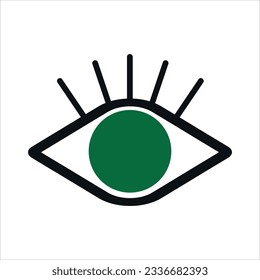 Green eye with eyelashes. Linear graphic element Open eye icon on white background Look sign Vector illustration