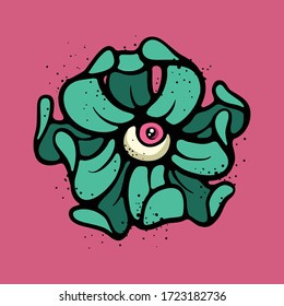 Green eye flower vector concept. Weird plants illustration. Monster, creature cartoon drawing