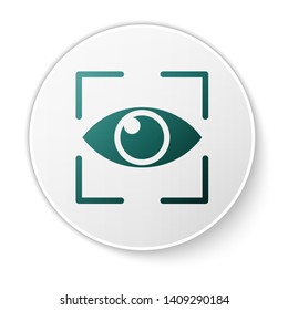 Green Eye scan icon isolated on white background. Scanning eye. Security check symbol. Cyber eye sign. White circle button. Vector Illustration