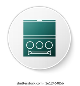 Green Eye shadow palette with brush icon isolated on white background. White circle button. Vector Illustration