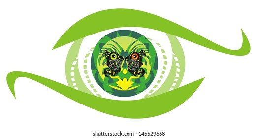 Green eye symbol with parrots sitting inside