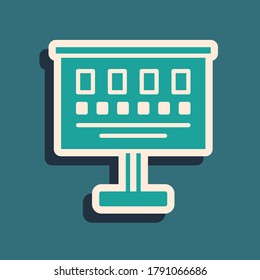 Green Eye test chart icon isolated on green background. Poster for vision testing in ophthalmic study. Snellen chart. Long shadow style. Vector Illustration