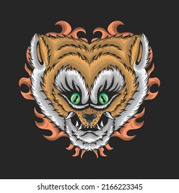 Green eyed angry cat head illustration