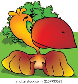 Green Eyed Parrot with a Big Red Beak - Colored Cartoon Illustration with Background, Vector