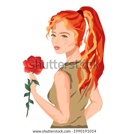 Green eyed redhead young lady with a rose. Beautiful woman with tied back orange colored hair isolated on white. Female sensual character with a scarlet flower in her hands.
