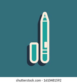 Green Eyeliner, eyebrow icon isolated on blue background. Pencil for eyes. Long shadow style. Vector Illustration