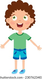 Green eyes boy with green tshirt and blue short. Blue shoes boy. Curly hair boy.