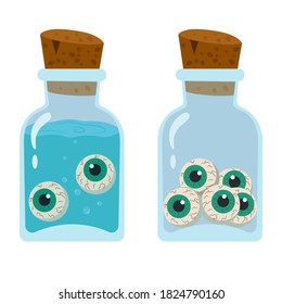Green eyes in jars with and without liquid. Eyes in jars isolated on a white background. Stock vector illustration. Illustration for the holiday Halloween.