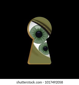 Green eyes in the keyhole. Monster look vector illustration. Halloween. Double pupil.