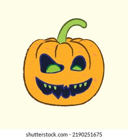 Green eyes and teeth weird pumpkin in flat vector illustration