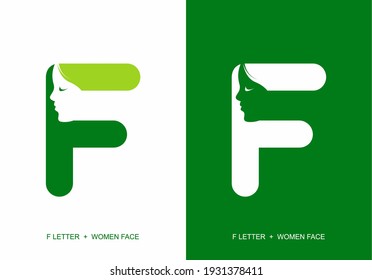 Green F initial letter with silhouette of women face design