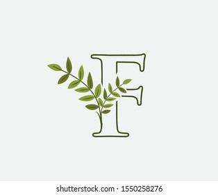 Green F Letter Logo Icon. Nature Green Leaves F Letter Design. Eco Concept ,  Created with Green Leaves and  Branches.  