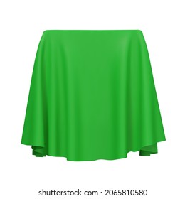 Green fabric covering a cube or rectangular shape, isolated on white background. Can be used as a stand for product display, draped table. Vector illustration