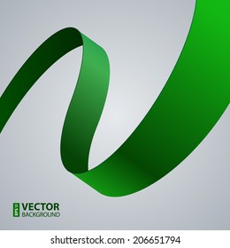 Green fabric curved ribbon on grey background. RGB EPS 10 vector illustration