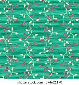 Green fabric with leaves, linen texture, seamless vector pattern