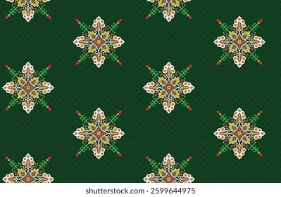 Green fabric with repeating floral batik pattern, for textile, wallpaper, gift wrapping.
