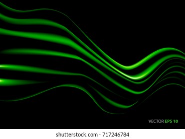 Green fabric satin wave flying on black luxury background vector illustration.