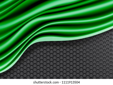 Green fabric wave overlap on dark gray hexagon mesh design modern futuristic background texture vector illustration.