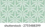 Green fabric with white palm tree patterns, featuring coconut tree design, palm leaf motifs. White palm leaf pattern on sage green background, seamless design. The pattern that gives an airy feel.