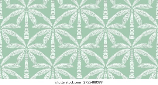 Green fabric with white palm tree patterns, featuring coconut tree design, palm leaf motifs. White palm leaf pattern on sage green background, seamless design. The pattern that gives an airy feel.