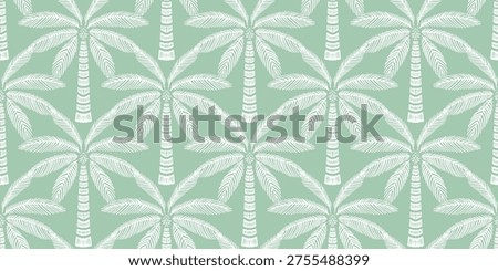 Green fabric with white palm tree patterns, featuring coconut tree design, palm leaf motifs. White palm leaf pattern on sage green background, seamless design. The pattern that gives an airy feel.