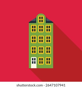 Green facade traditional dutch house, building amsterdam style with long shadow on red background