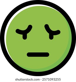 Green face emoji with closed eyes and a neutral mouth, expressing discomfort or sickness, outlined in black.