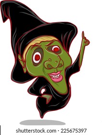 green face ,halloween witch flying .comic art happy ghost