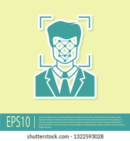 Green Face recognition icon isolated on yellow background. Face identification scanner icon. Facial id. Cyber security concept. Flat design. Vector Illustration