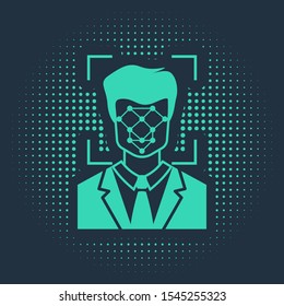 Green Face recognition icon isolated on blue background. Face identification scanner icon. Facial id. Cyber security concept. Abstract circle random dots. Vector Illustration