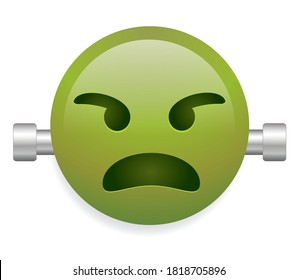 Green face with screw vector illustration on white background. Fankenstein emoji. Vector illustration in cartoon style.