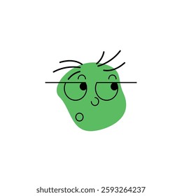 Green face wearing glasses with mouth forming an o, eyes looking up, hair sticking up and down, vector illustration.