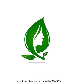 green face women leaf beauty logo design inspiration