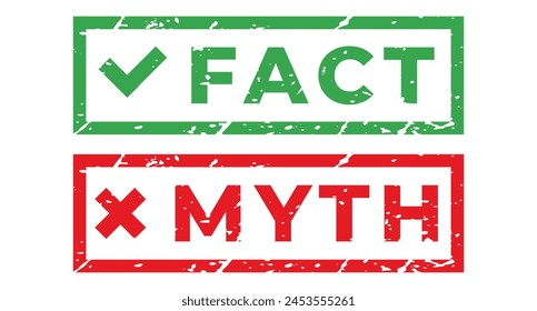 Green Fact with Tick Icon and Red Myth with Cross icon isolated grunge stamp, sticker, header vector illustration