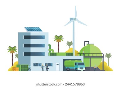 Ilustración verde del edificio de la fábrica, elementos vectoriales para la ciudad e ilustración de la industria