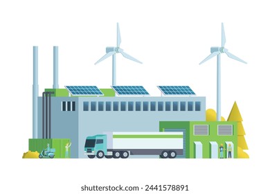 Ilustración verde del edificio de la fábrica, elementos vectoriales para la ciudad e ilustración de la industria