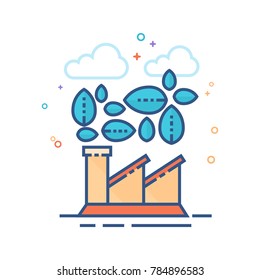 Green factory icon in outlined flat color style. Vector illustration.