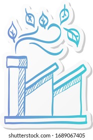Green factory icon in sticker color style. Industrial environment friendly renewable energy electricity