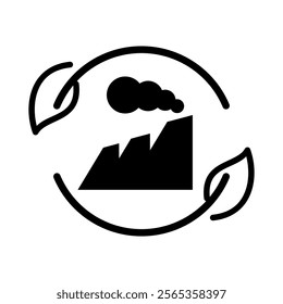 Green Factory Icon with Surrounding Leaf Design