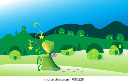 Green fairy in the enchanted village