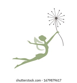 green fairy holding dandelion flower, vector