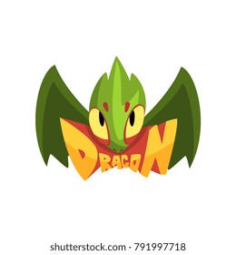 Green fairy tale dragon with eyes and wings. Cartoon character of mythical creature. Flat vector design for mobile game, logo, sticker, book cover, kids print