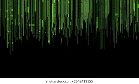 Código de dados de queda verde com efeito de falha digital no fundo escuro. Padrão vetorial de matriz abstrata para conceitos de segurança cibernética e rede.