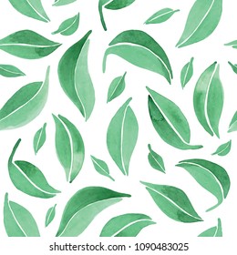 Green Falling Leafs Seamless Watercolour Pattern